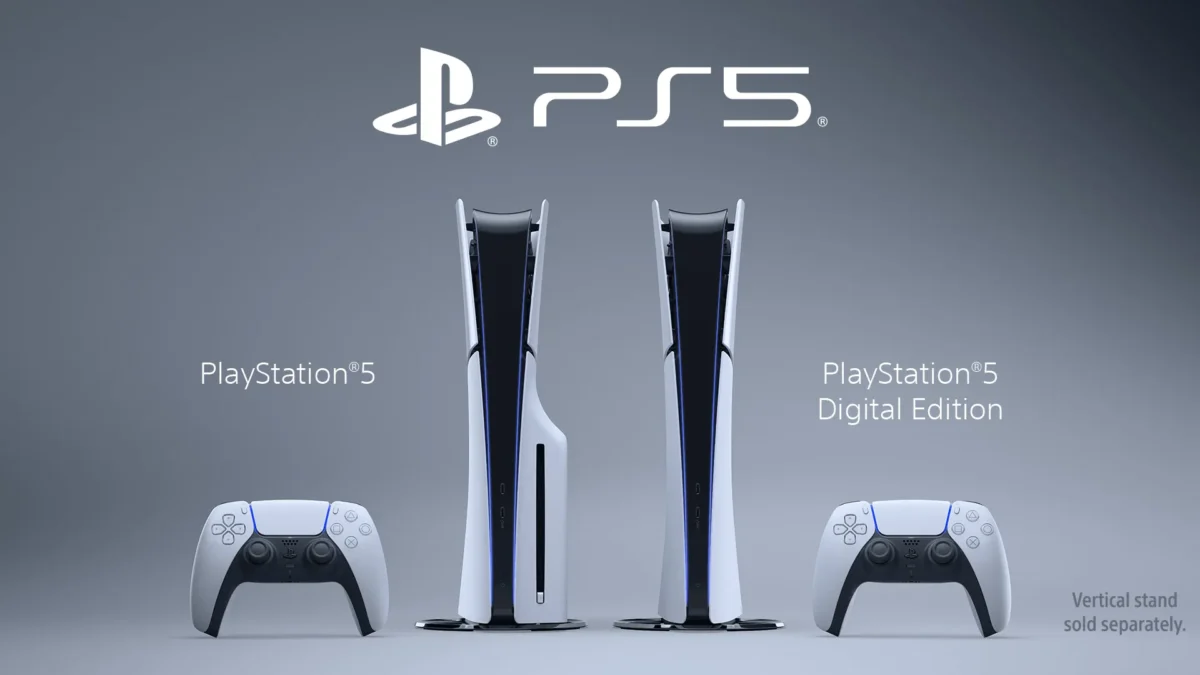 Dosplaystation5 una con entrada de CD y otra digital con sus controles con el logo de PS5