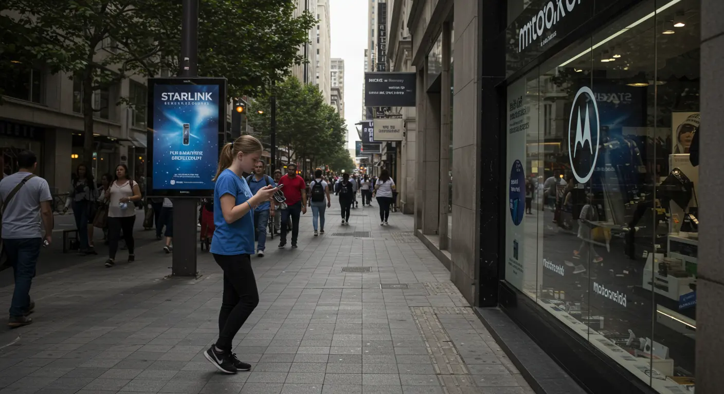 imagen de una chica en la ciudad viendo celular, con logos de starlink y Motorola