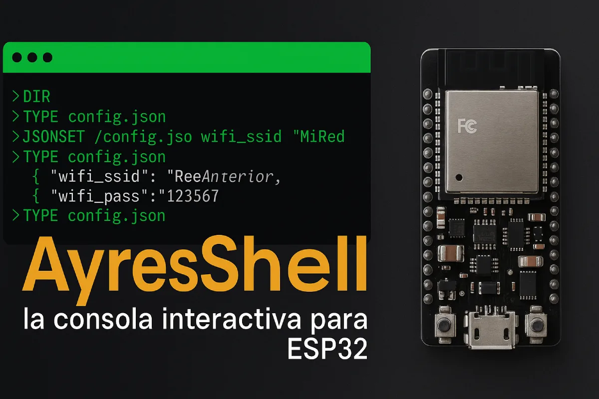 Banner de AyresShell un ESP32 con un codigo c al lado