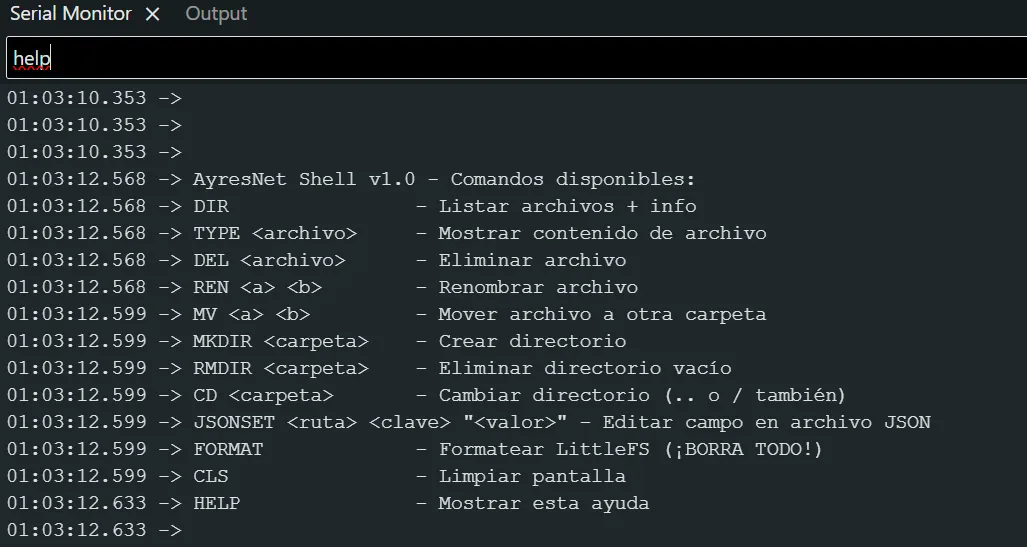 Imagen del AyresShell en funcion Help